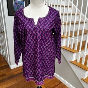 Novica Women’s Medium Purple & Pink Printed Tunic Top Boho Cotton V-neck